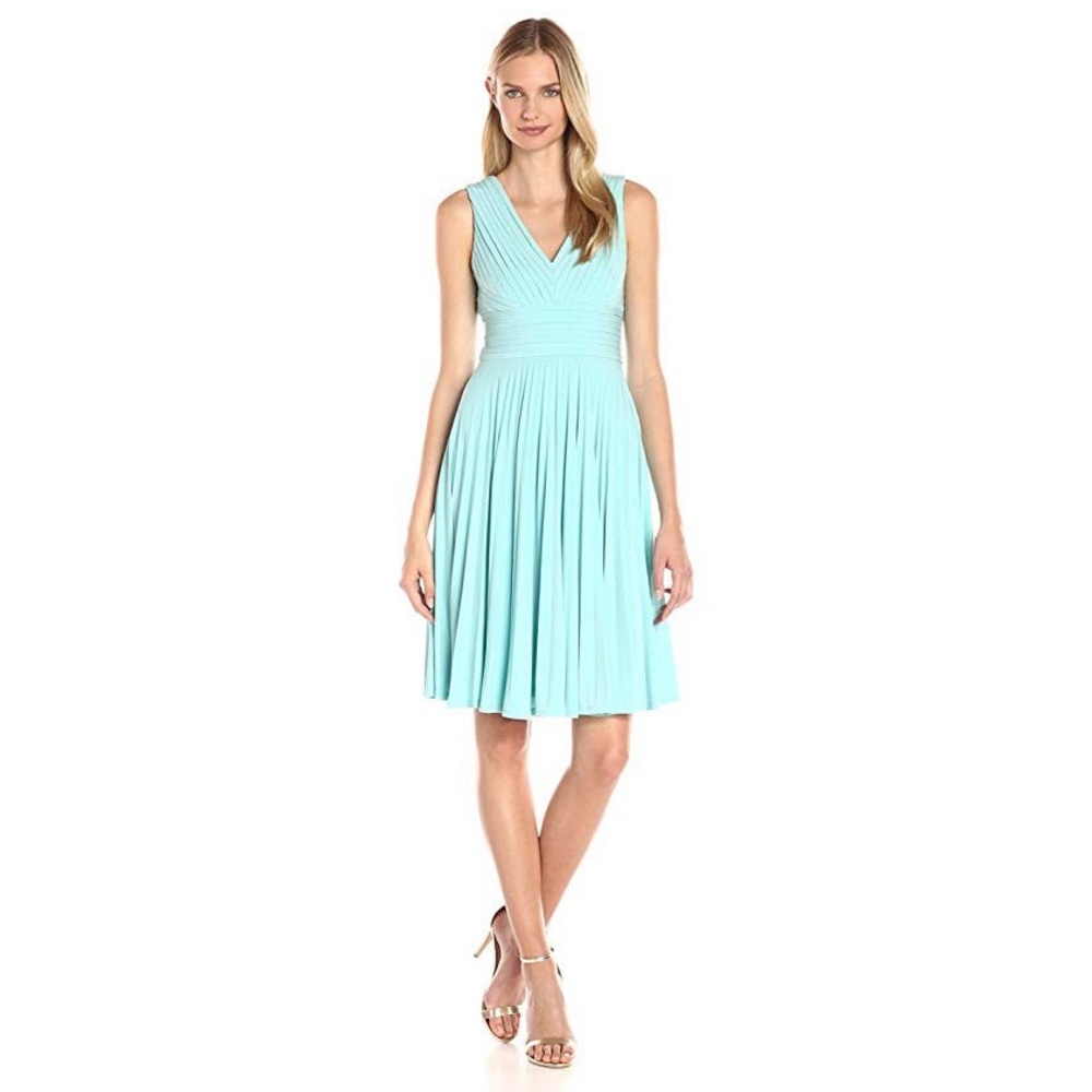 Adrianna Papell Banded-Bodice Aqua V-Neck Pleated Midi Jersey Dress Size 8
